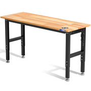 Hardwood workbench with black legs and adjustable frame, power outlet panel