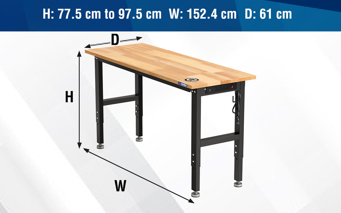 Workbench with wooden top and black metal frame, with innovation and quality dimensions labeled H W D