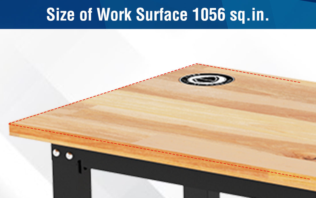 Wood work surface panel with innovation and quality shown by red dashed outline and circular mounting hole