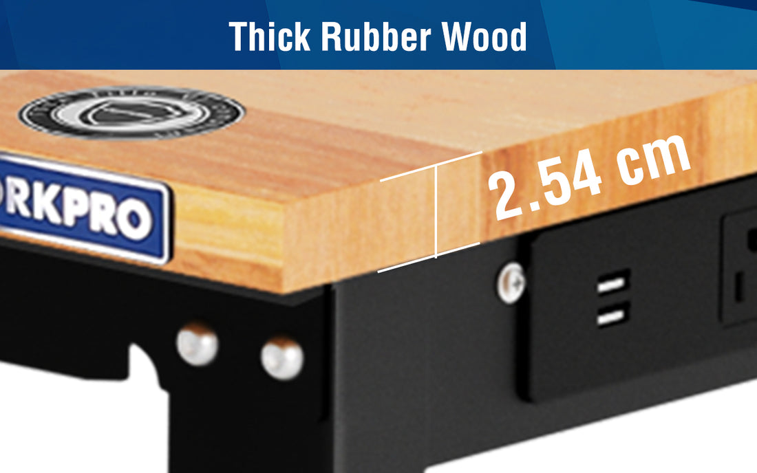 Thick rubber wood board with 2.54 cm label, black base and power ports, showing innovation and quality