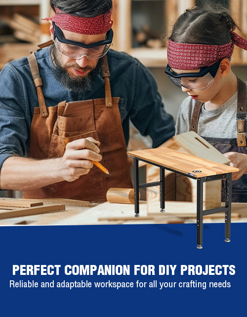 Carpentry workshop scene with innovation and quality, a man and child using tools and a wooden workbench