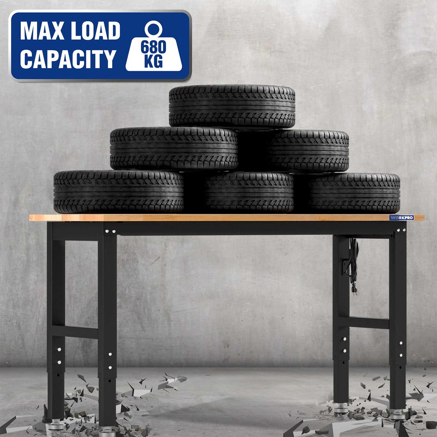 Adjustable workbench with hardwood top and black frame, heavy-load support