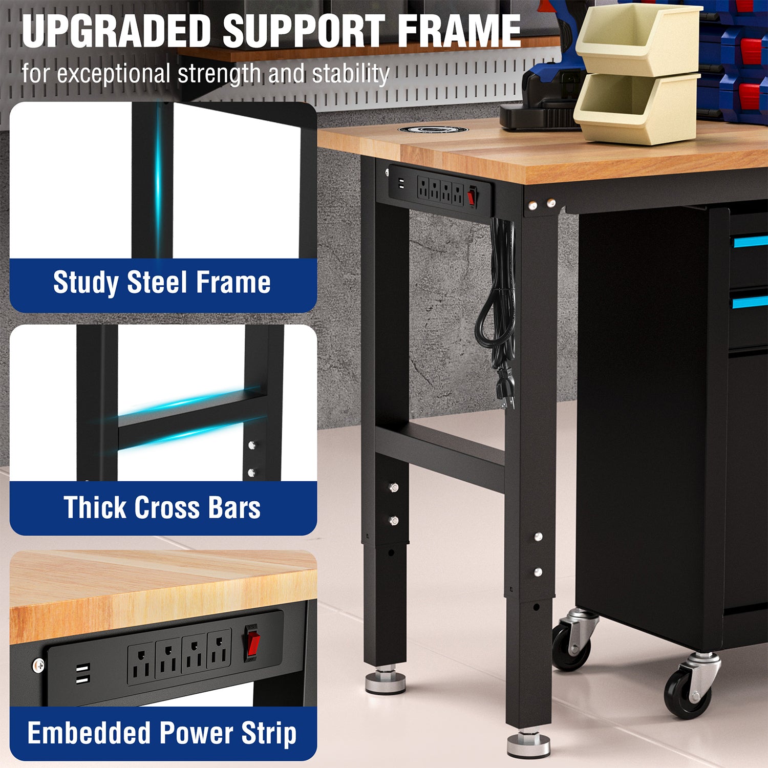 Adjustable workbench with thick steel frame and embedded power strip on tabletop edge