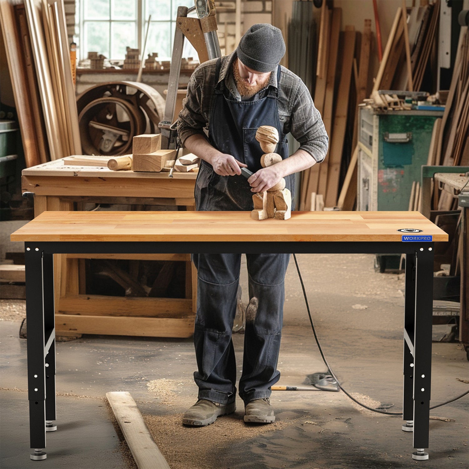 Person using an adjustable hardwood workbench with power outlet panel in workshop
