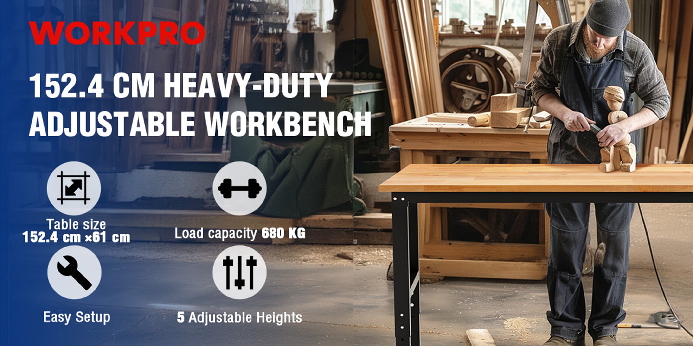 Workbench in workshop with a worker adjusting tools, with innovation and quality text overlay
