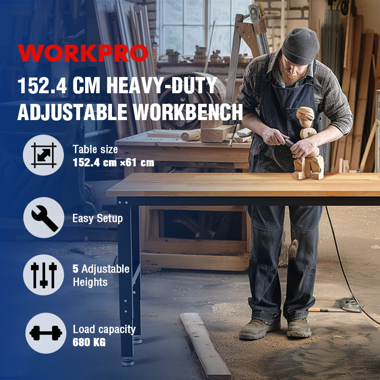 Hardwood adjustable workbench with black steel frame and power outlets, workshop use
