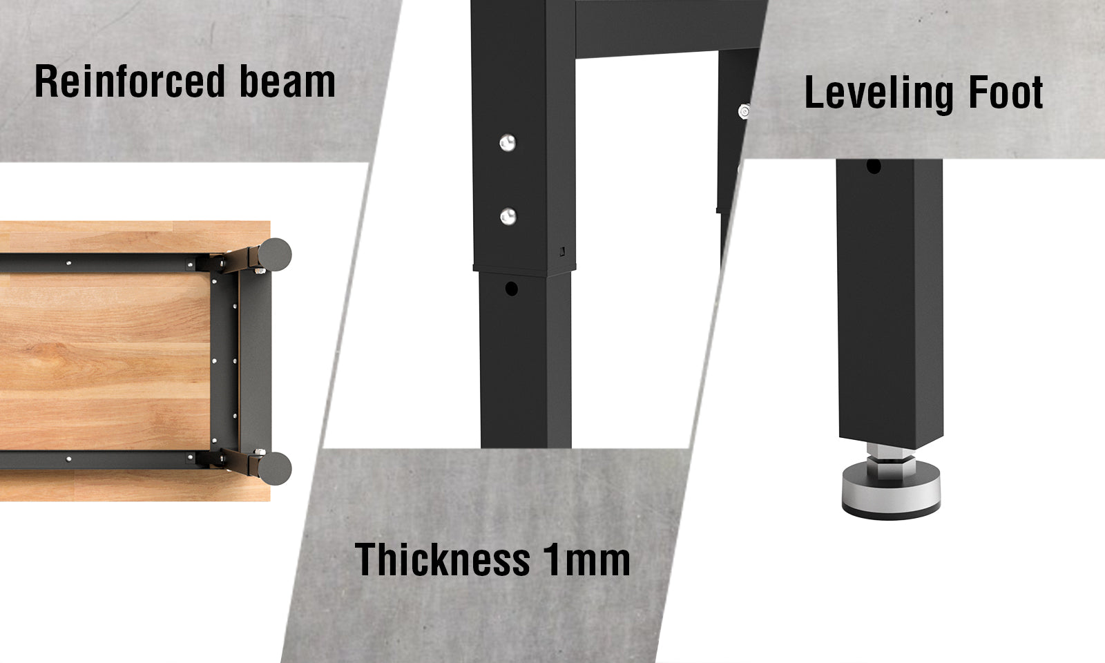 Metal table frame with reinforced beam and leveling foot, thickness 1mm, showing innovation and quality details