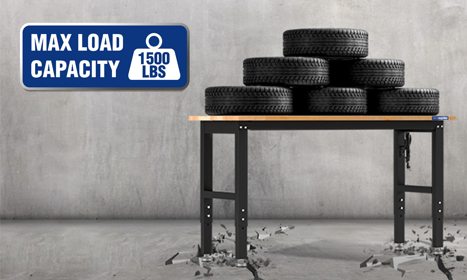 Weight bench with stacked rubber plates and MAX LOAD CAPACITY 1500 LBS sign, showing durability and innovation
