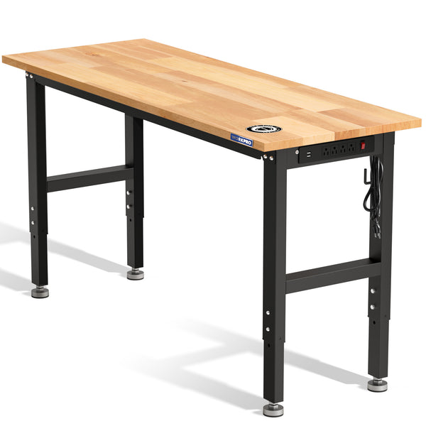 WORKPRO 60” x 24" Adjustable Workbench 1500 LBS Load Capacity Hardwood Worktable with Power Outlets, Leveling Foot