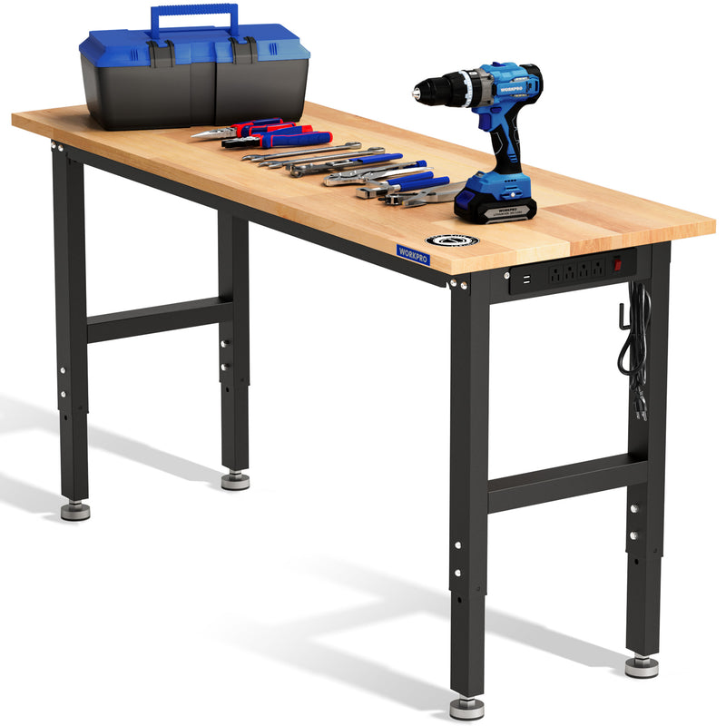 WORKPRO 60” x 24" Adjustable Workbench 1500 LBS Load Capacity Hardwood Worktable with Power Outlets, Leveling Foot