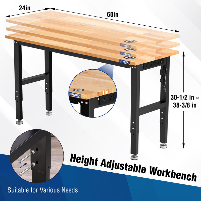 WORKPRO 60” x 24" Adjustable Workbench 1500 LBS Load Capacity Hardwood Worktable with Power Outlets, Leveling Foot