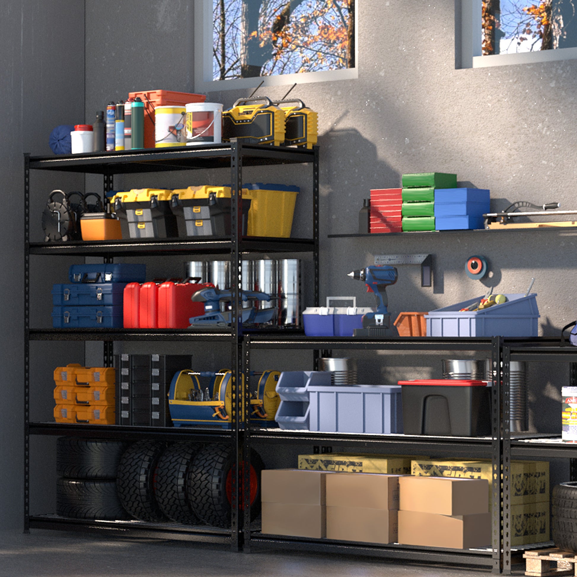 Black metal 5-tier storage rack with vented shelves, steel uprights, and side crossbars