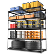 Black 5-tier metal storage rack with open wire shelves and adjustable frame posts
