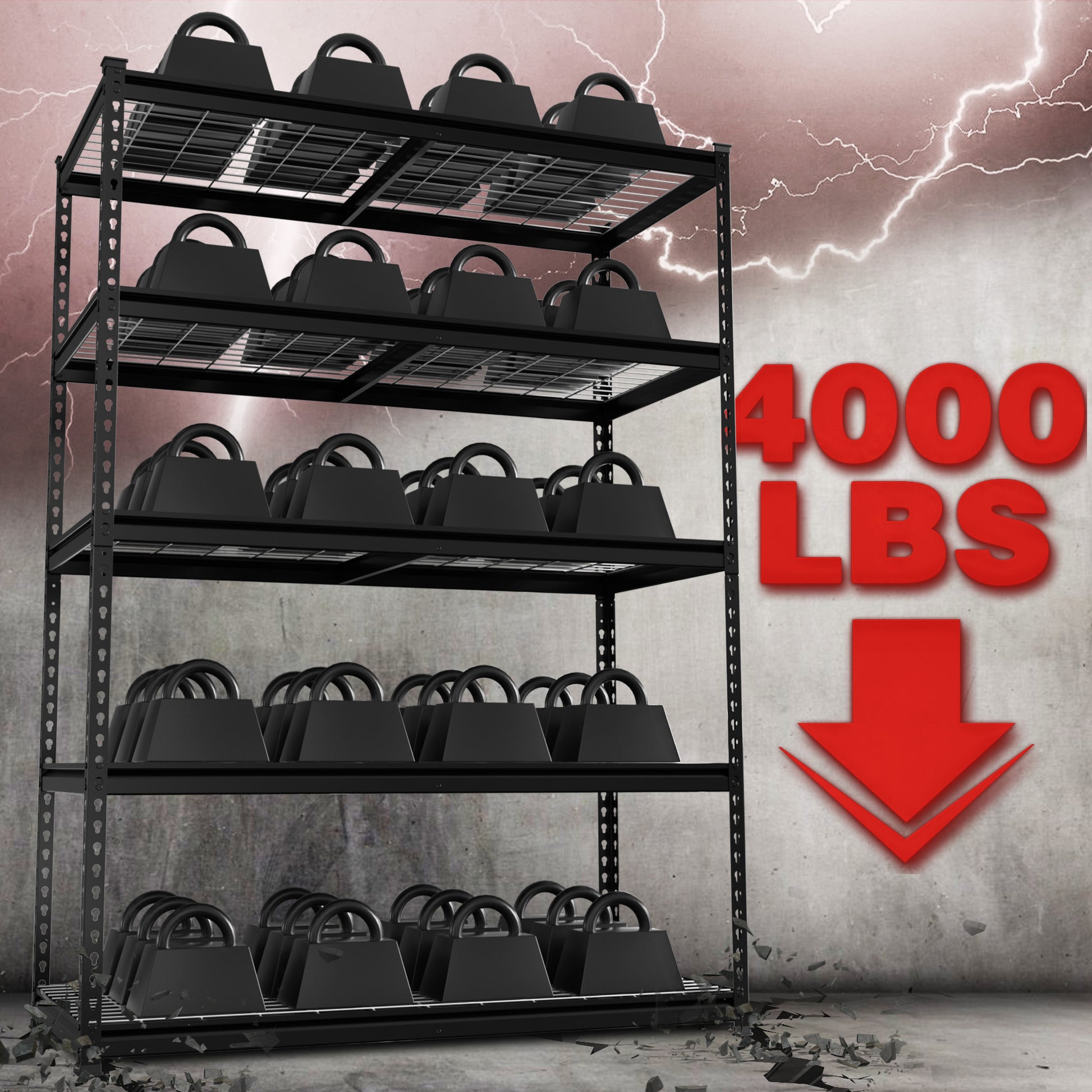 Black metal storage rack with multiple open shelves and heavy-duty perforated uprights