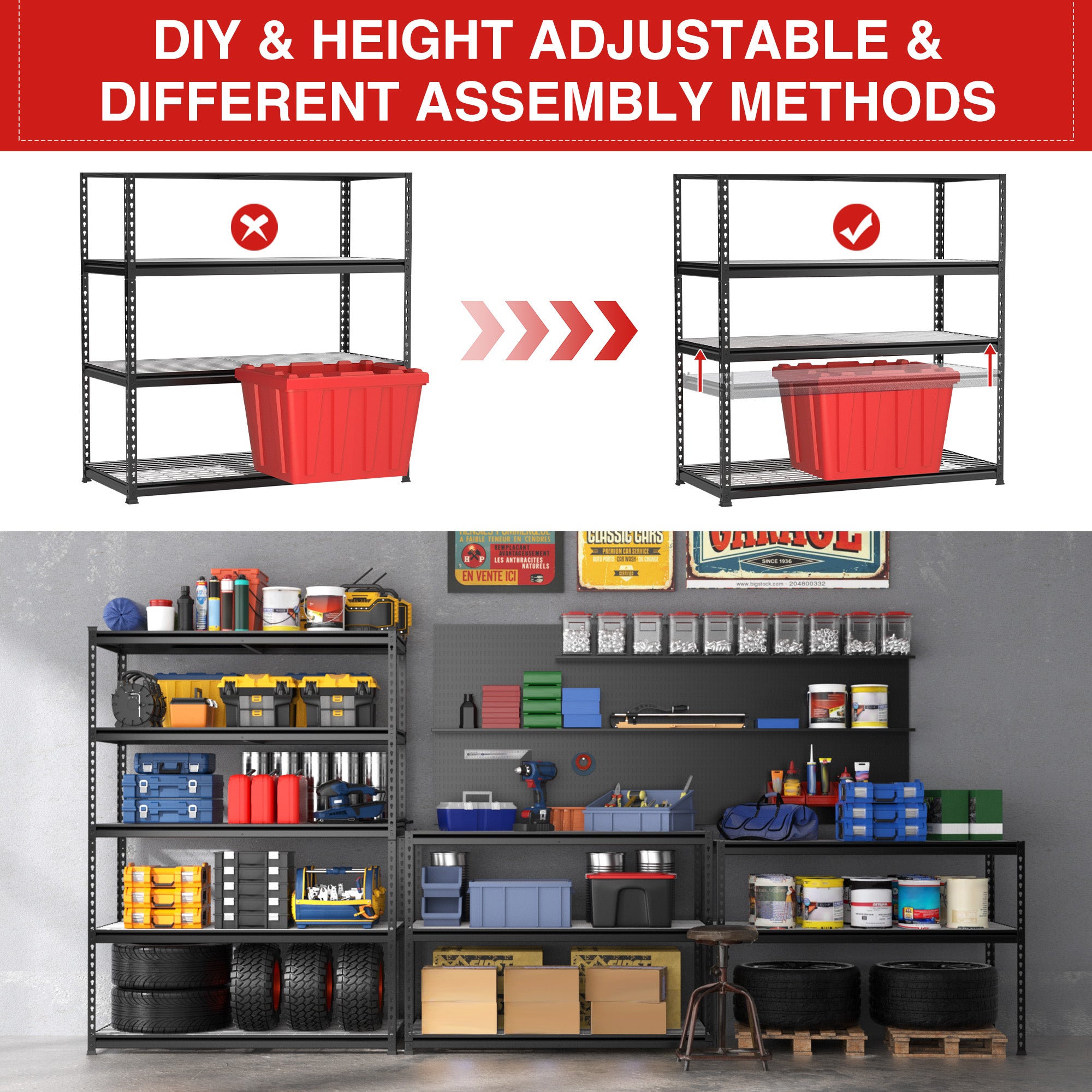 Black metal 5-tier rack with open wire shelves for storage, shown with height-adjustable design