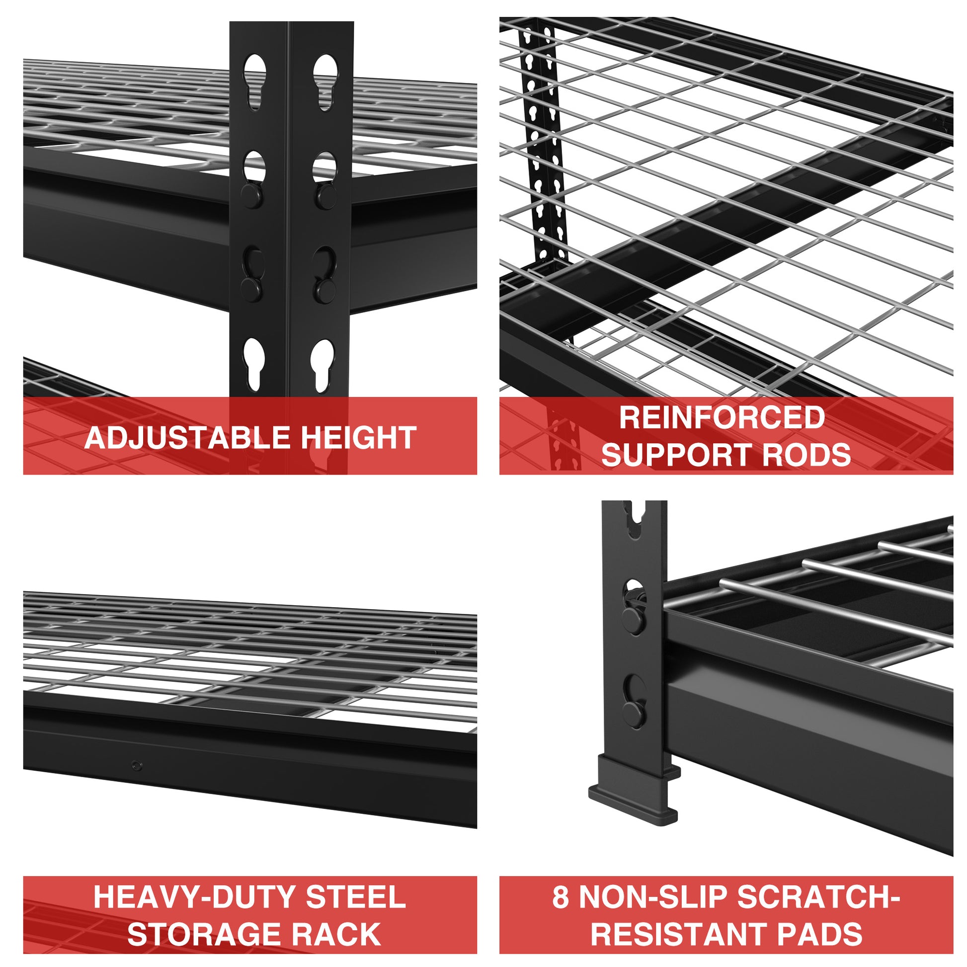 Black metal rack parts: perforated corner brackets and reinforced support rods under wire shelves