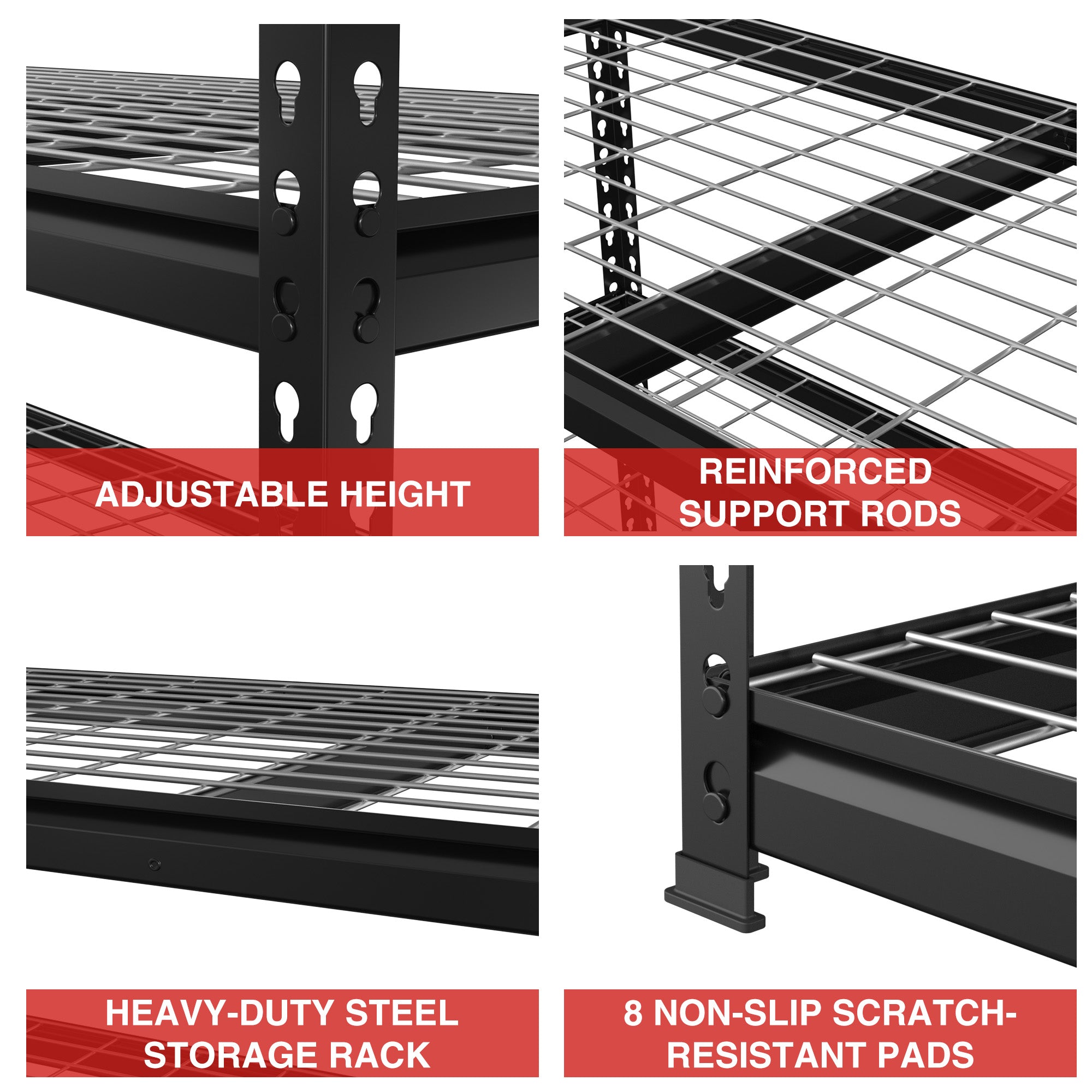 Black metal rack parts: perforated corner brackets and reinforced support rods under wire shelves