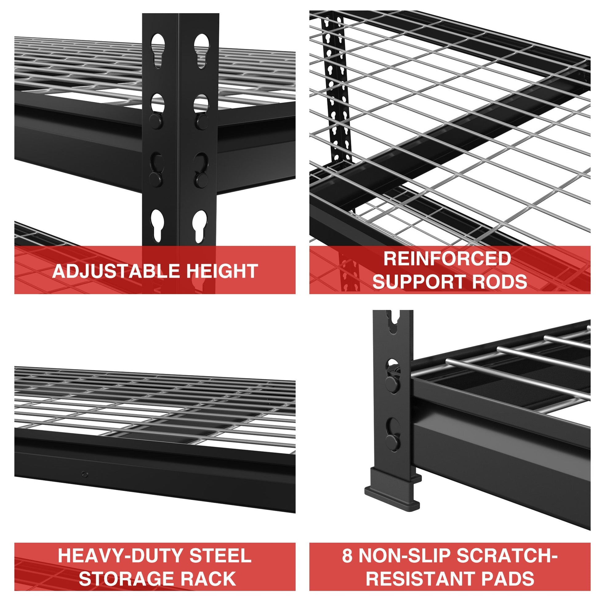 Black metal rack corner with adjustable height holes, reinforced rods, and non-slip pads