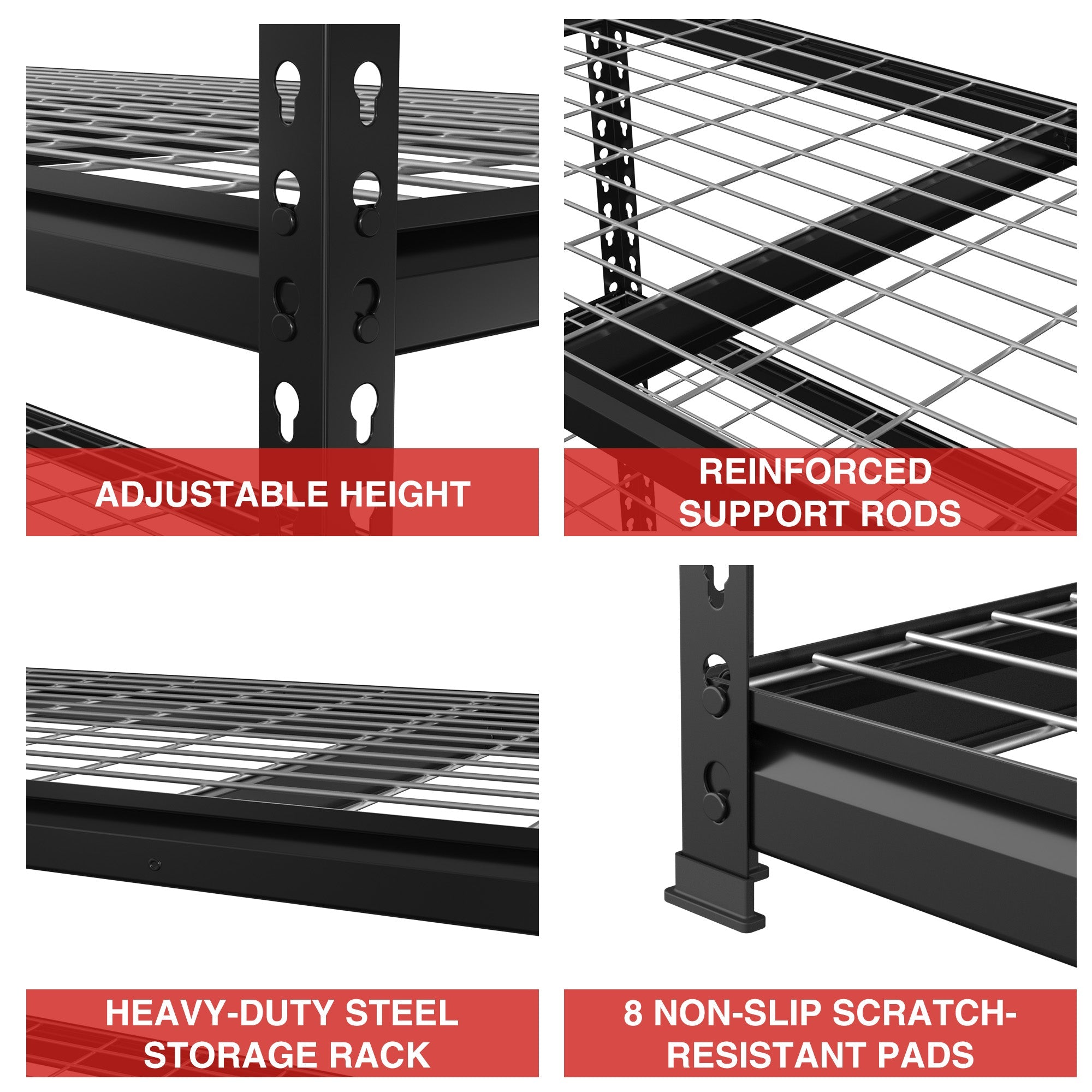 Black metal rack corner with adjustable height holes, reinforced rods, and non-slip pads