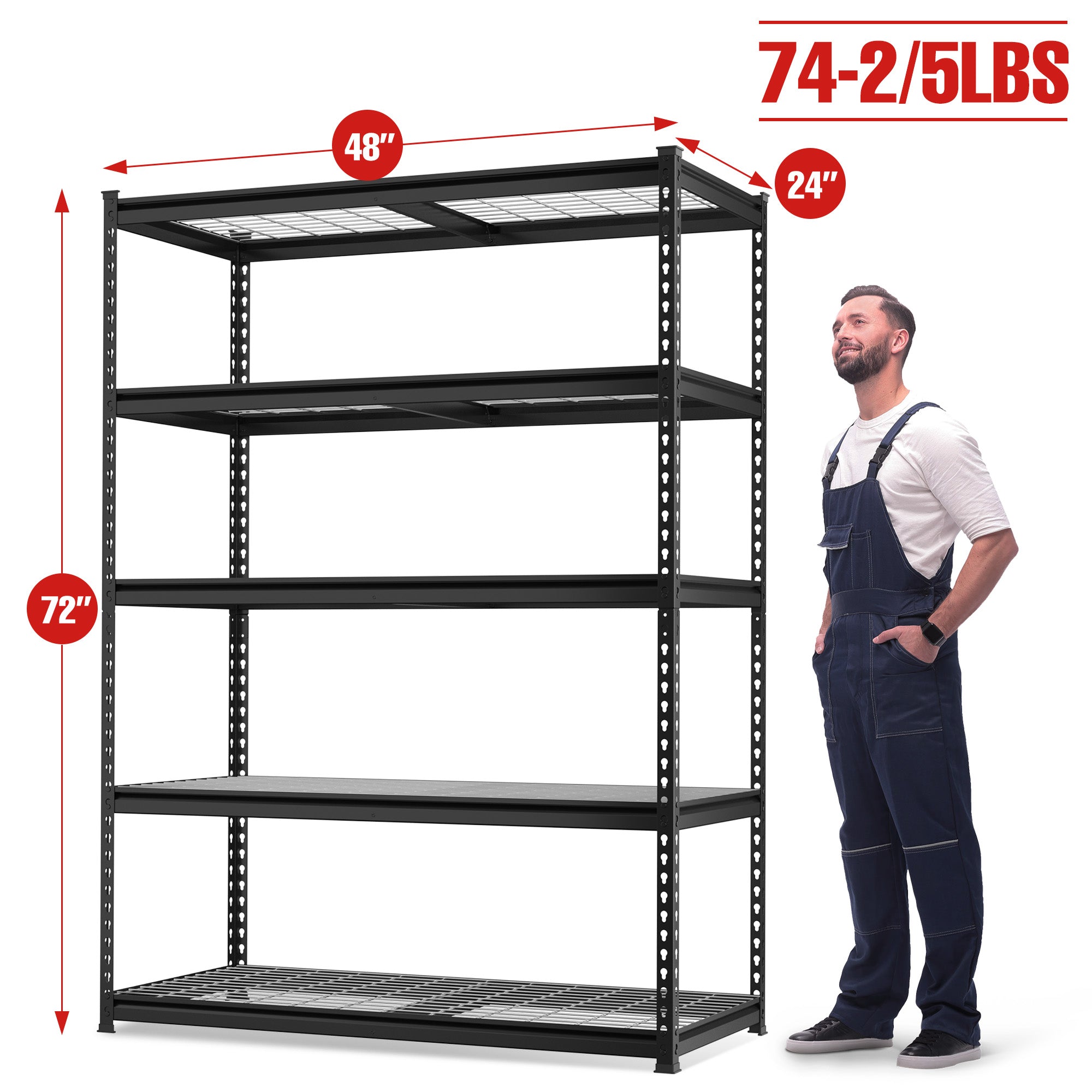 Black 5-tier metal shelving unit with square frame legs and four adjustable shelf levels