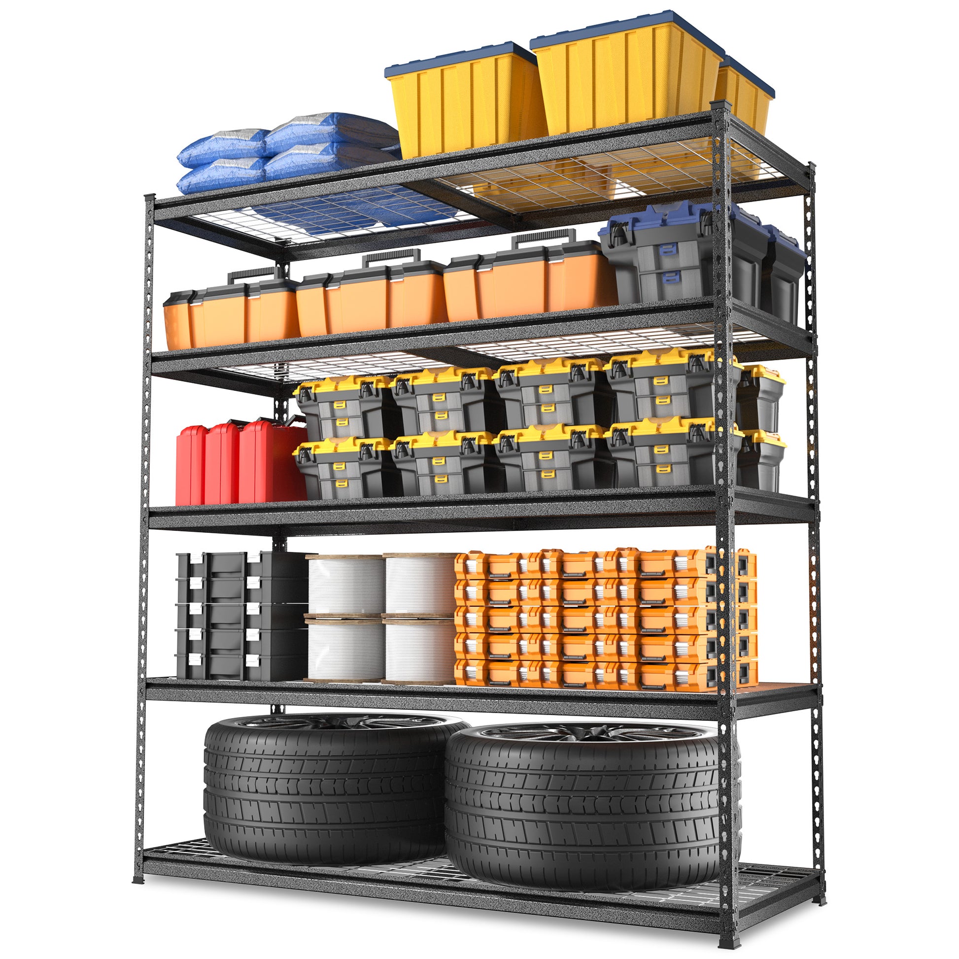 WORKPRO 5-Tier Metal Shelving Unit in black and silver with corrosion-resistant metal frame, durable and secure storage