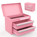 WORKPRO Mini Metal Tool Box with 2 Drawers and Top Storage, Small Tool Chest, Light Blue (upgraded with ball bearing slides)