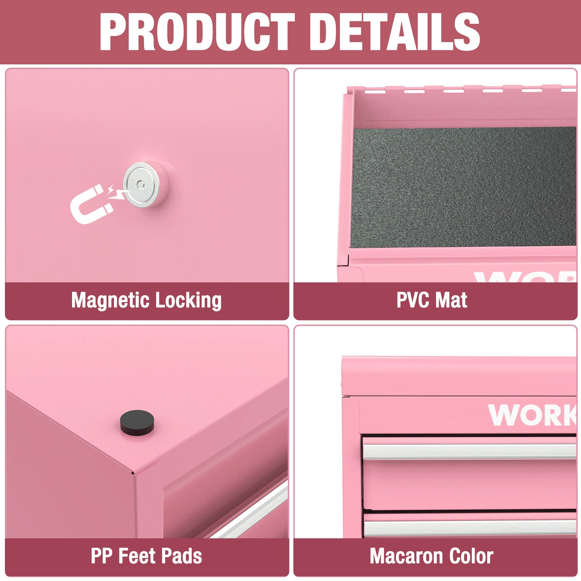 Pink mini tool chest details: magnetic lock, PVC mat insert, PP feet pads.