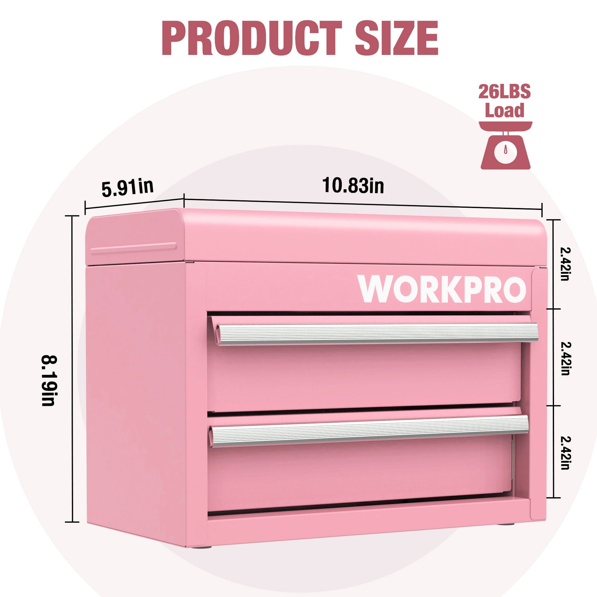 Pink mini tool chest front view with two drawers and top storage, shown with dimensions.