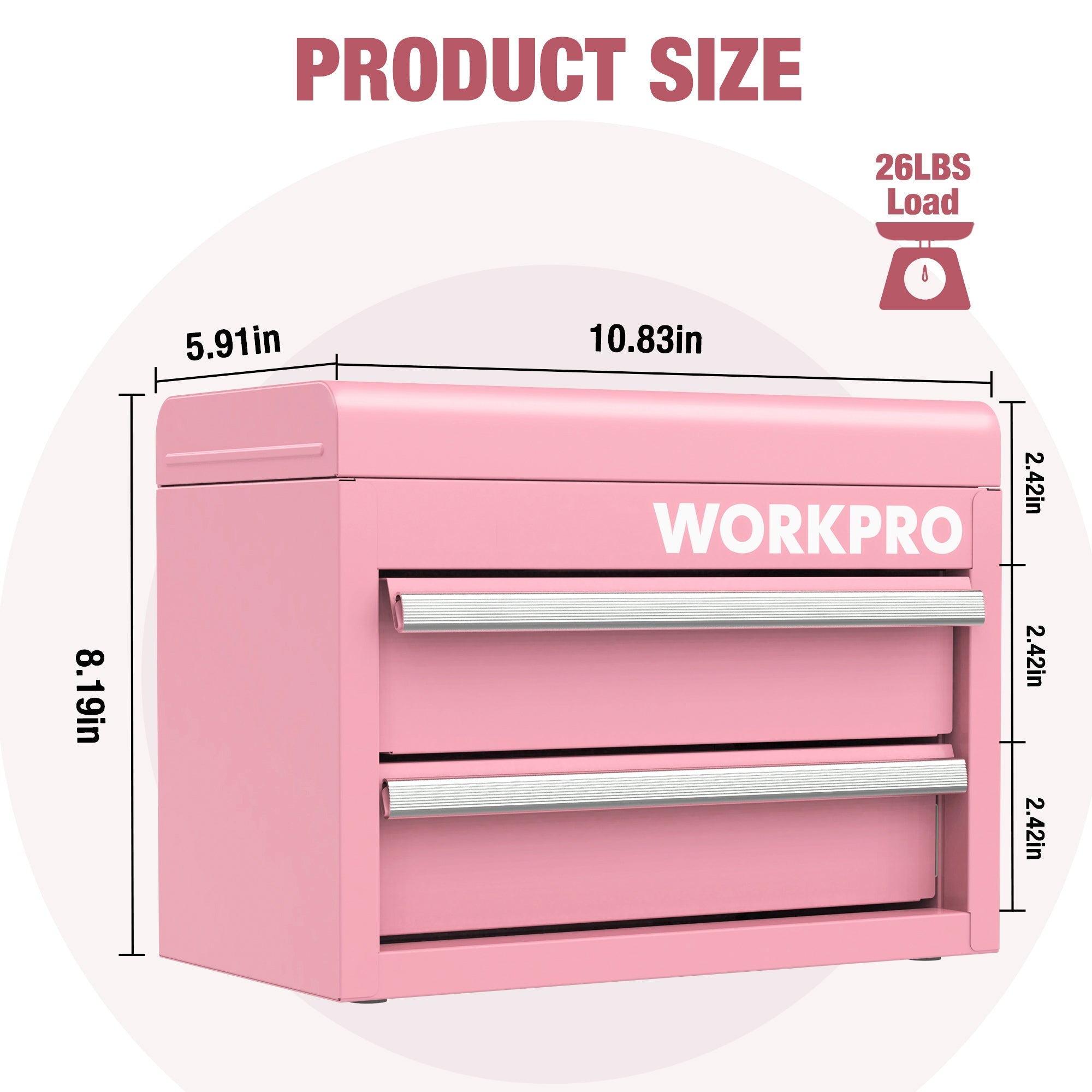 Pink mini tool chest front view with two drawers and top storage, shown with dimensions.