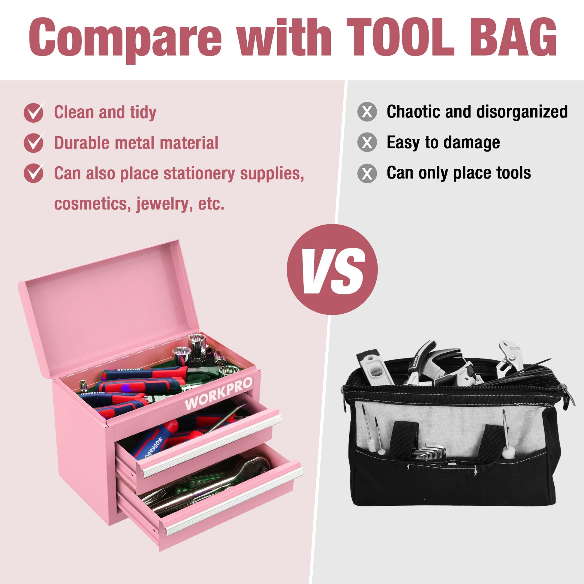 Pink mini tool box open with two drawers, holding assorted small tools.