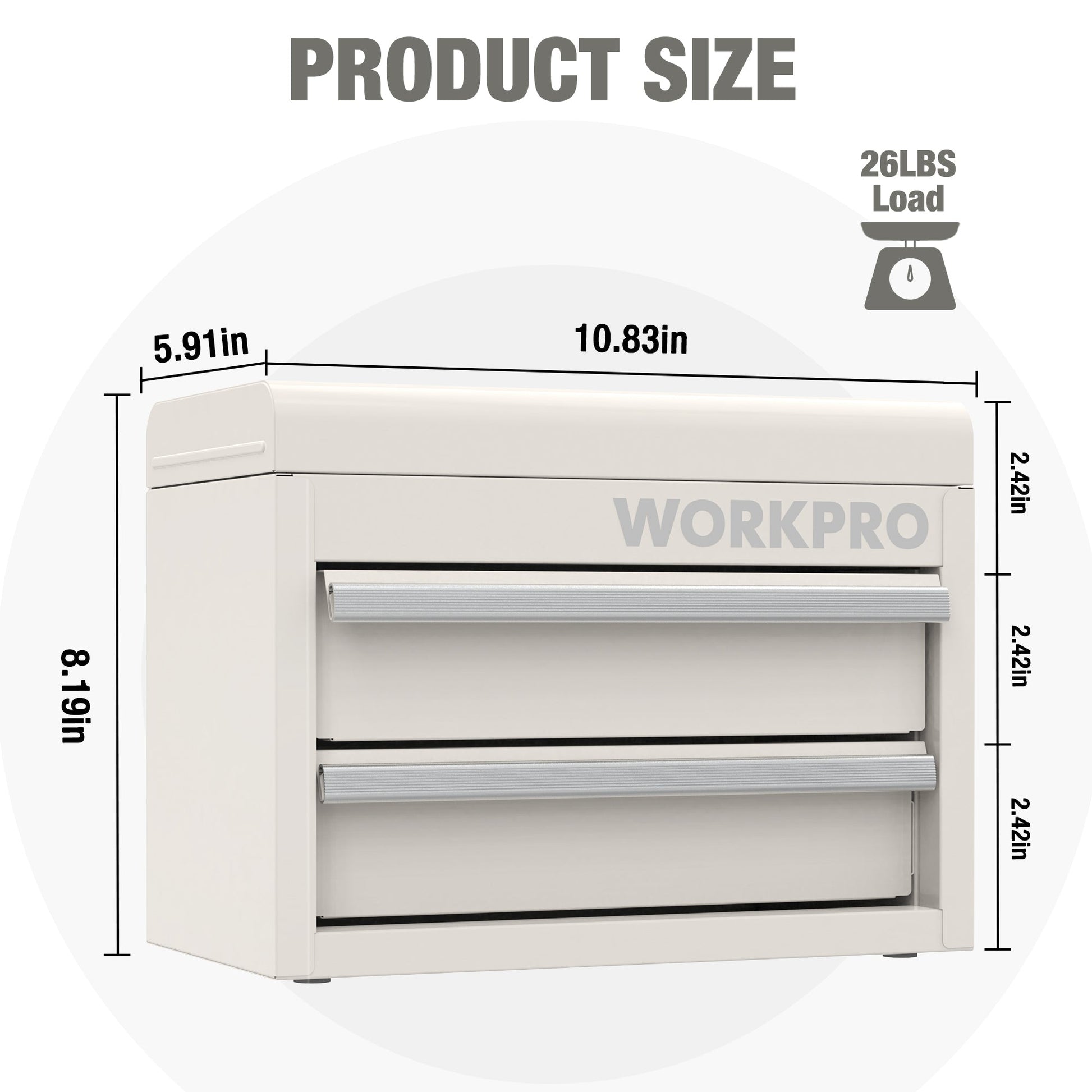 White mini metal tool box with two drawers and top storage, front view
