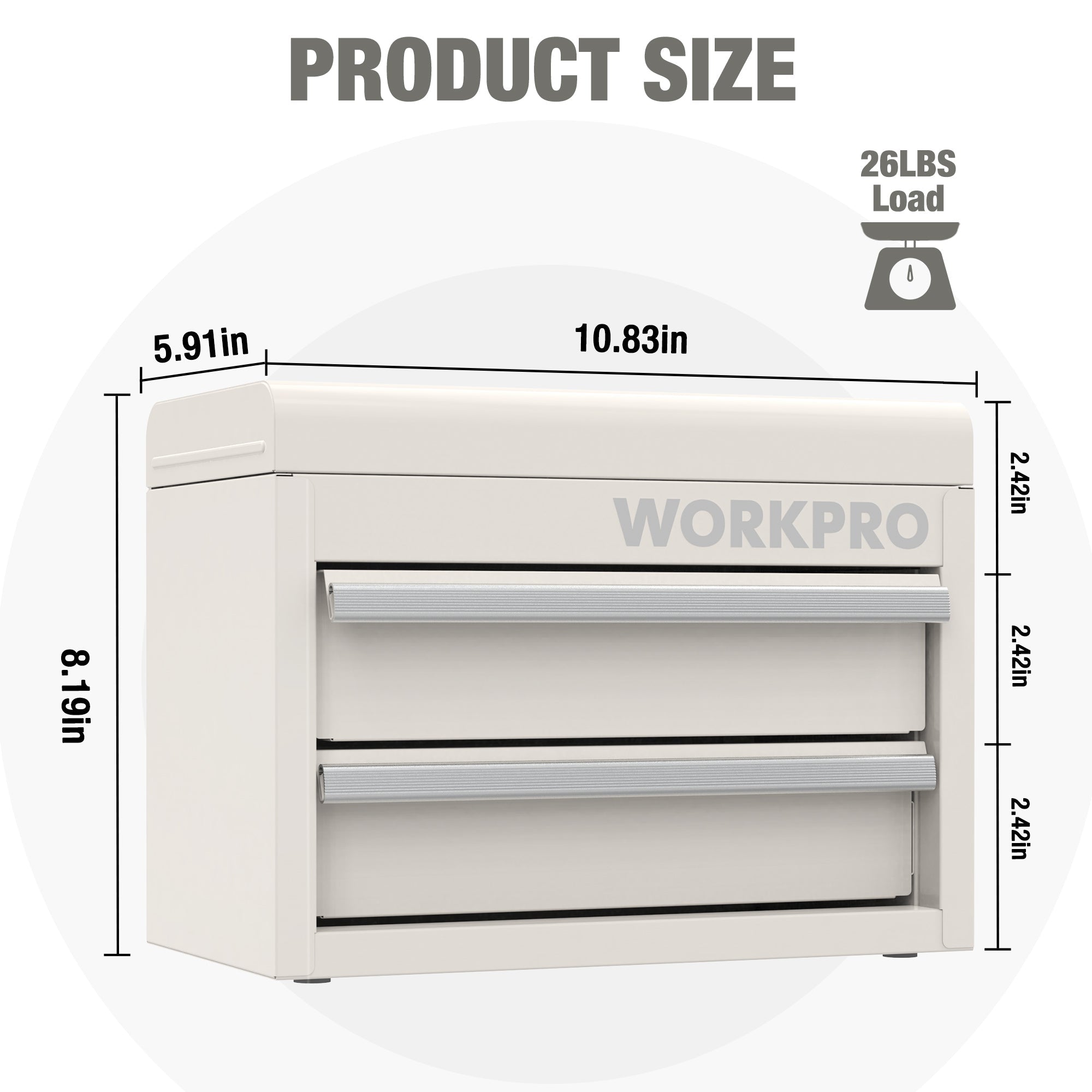 White mini metal tool box with two drawers and top storage, front view