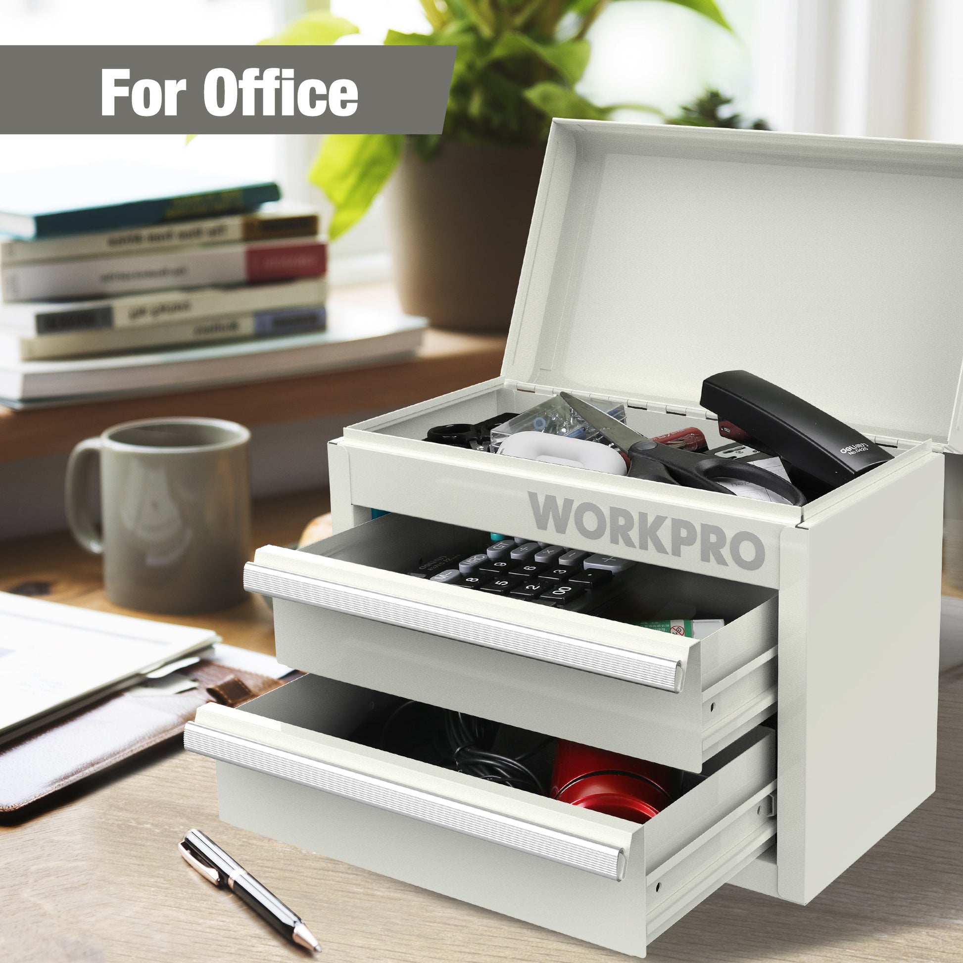 White mini tool box with lid open showing two drawers and top compartment