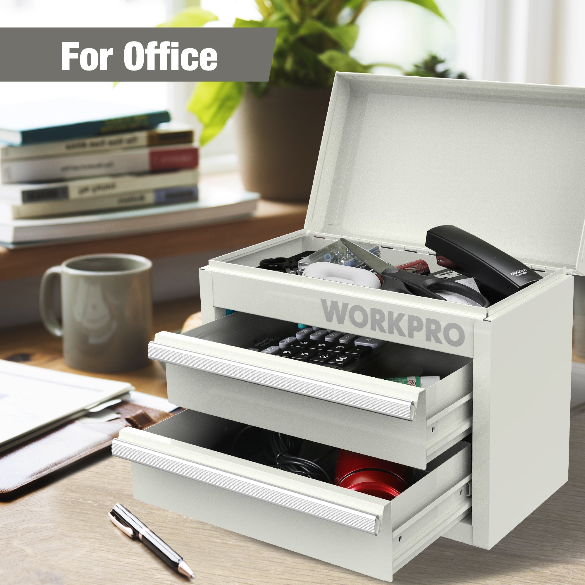 White mini tool box with lid open showing two drawers and top compartment