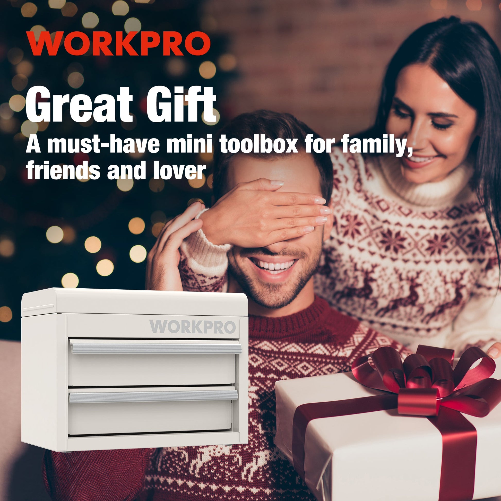 White mini metal tool box with two drawers and top storage, closed