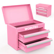 WORKPRO Mini Metal Tool Box with 2 Drawers and Top Storage - Pink Ribbon