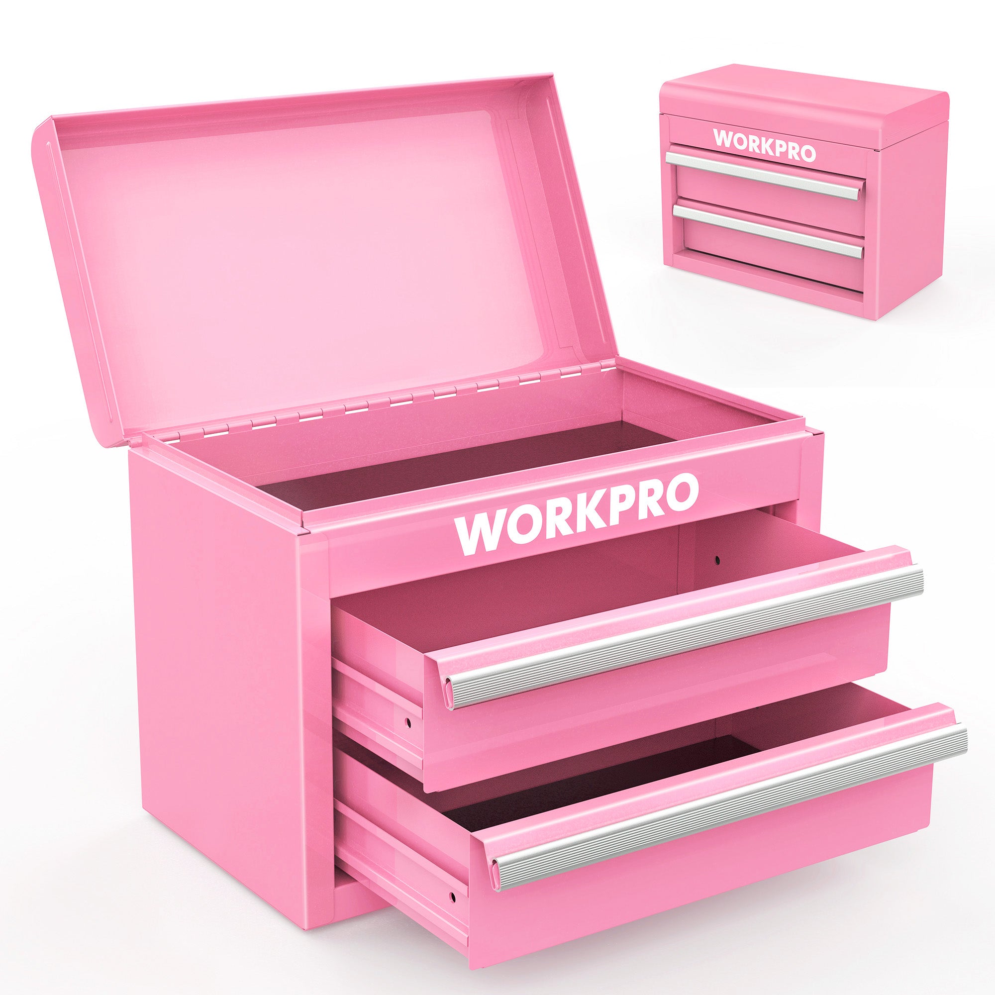 WORKPRO Mini Metal Tool Box with 2 Drawers and Top Storage - Pink Ribbon