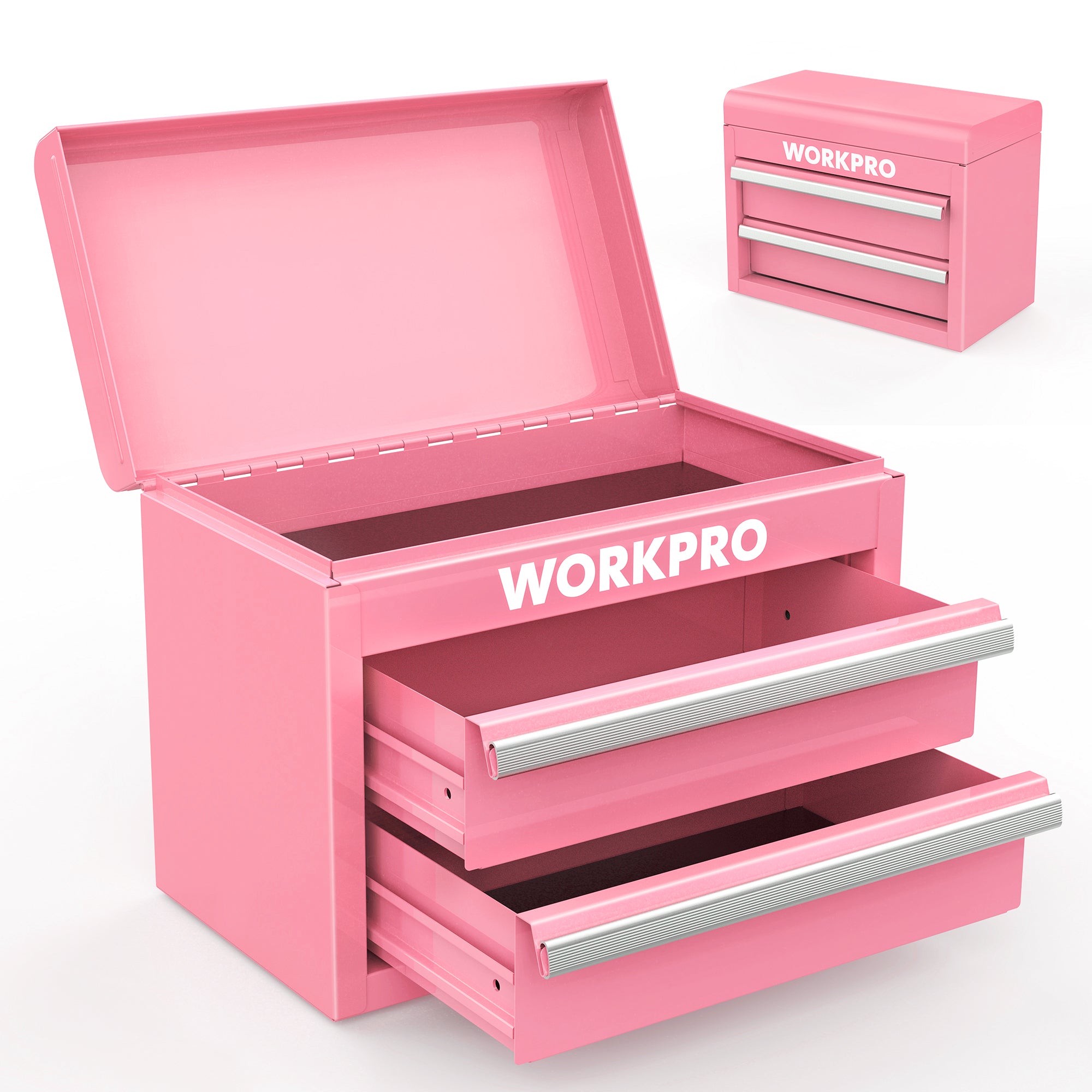 Pink mini metal toolbox open, showing top storage and two drawer rails