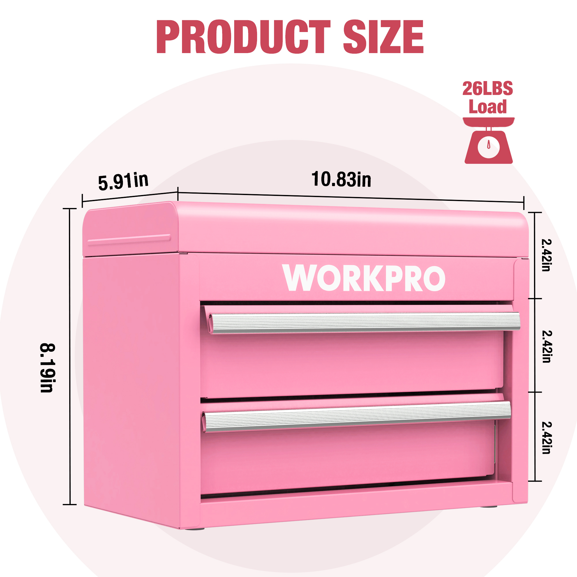 WORKPRO Mini Metal Tool Box with 2 Drawers and Top Storage - Pink Ribbon