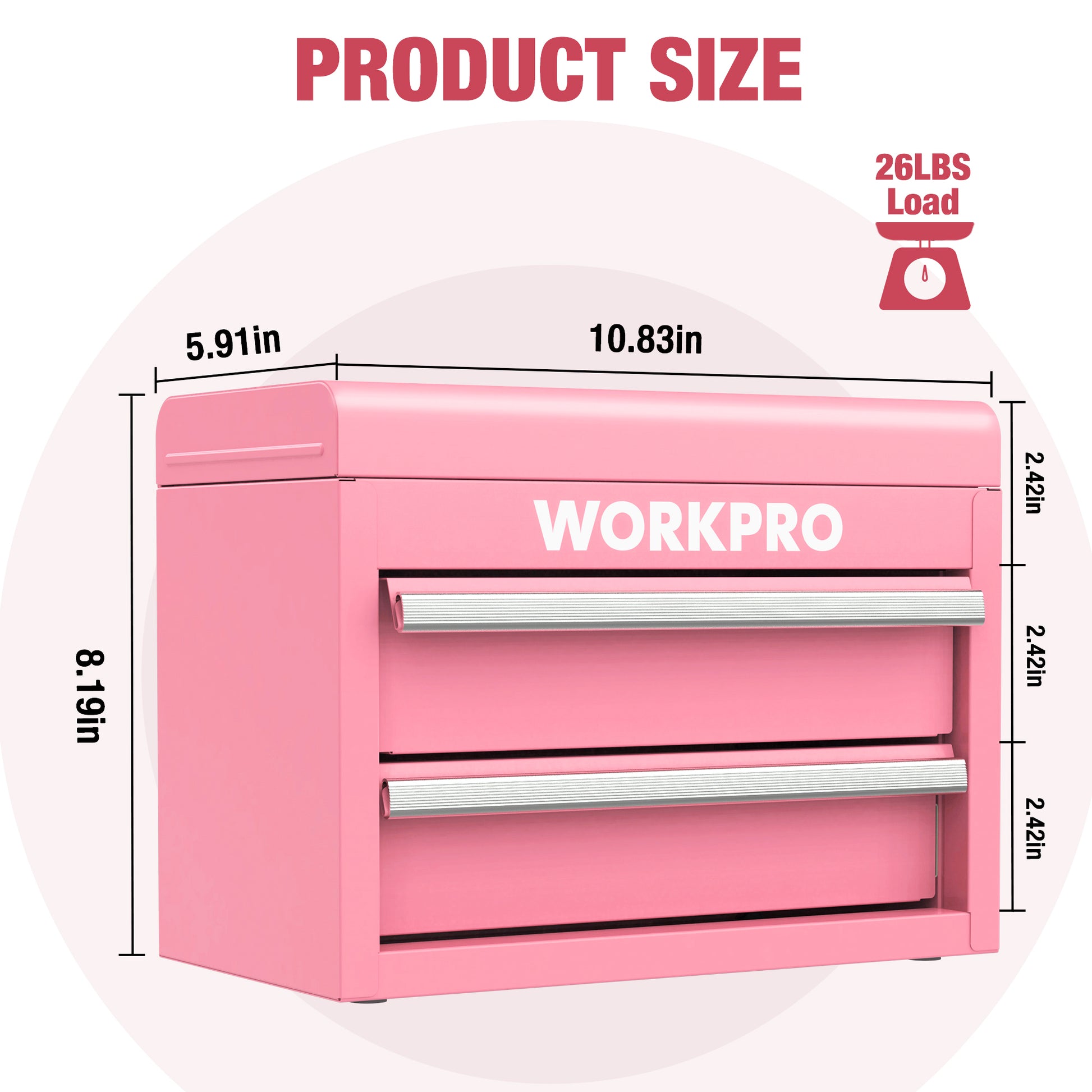 Pink mini metal toolbox with two drawers and top storage compartment