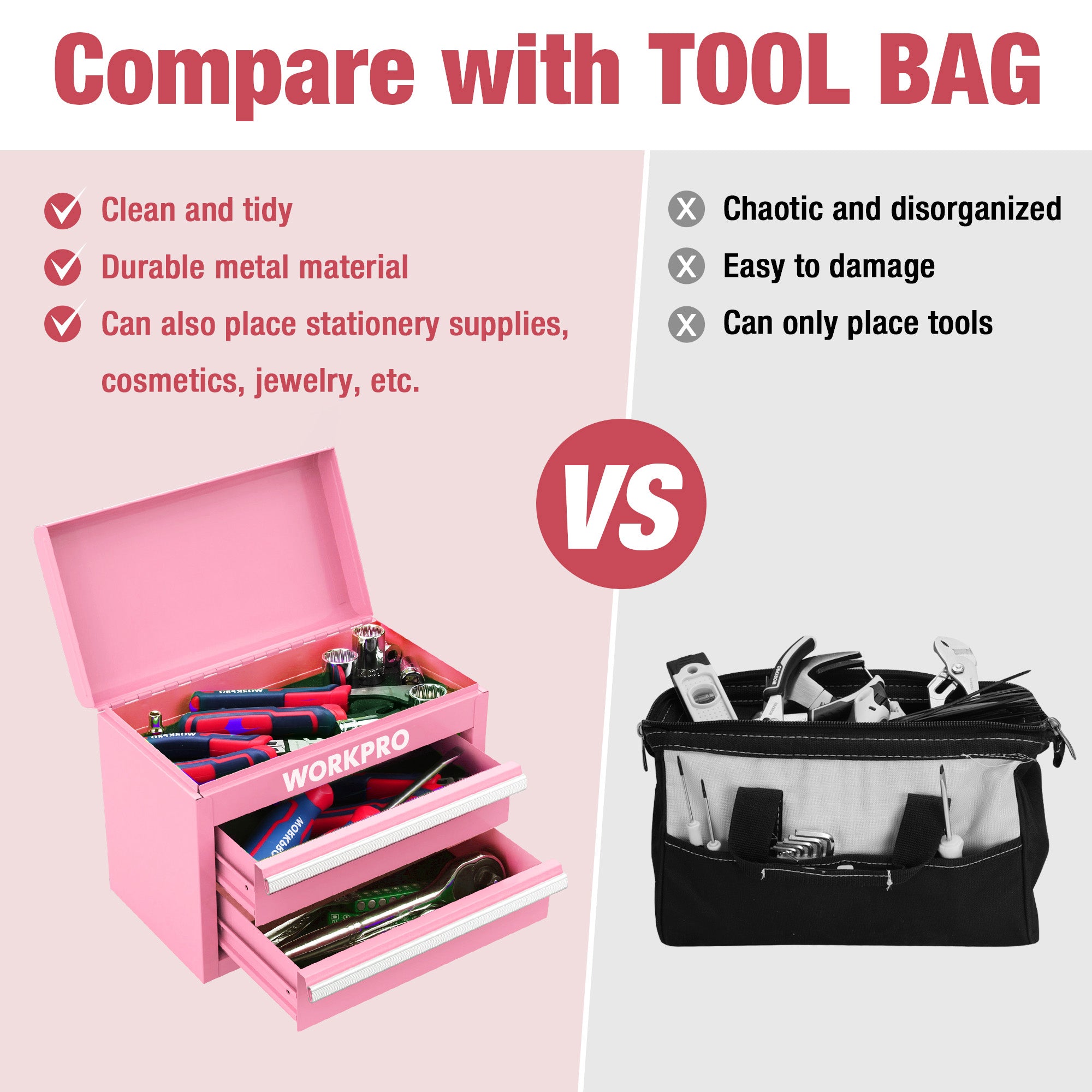 WORKPRO Mini Metal Tool Box with 2 Drawers and Top Storage - Pink Ribbon