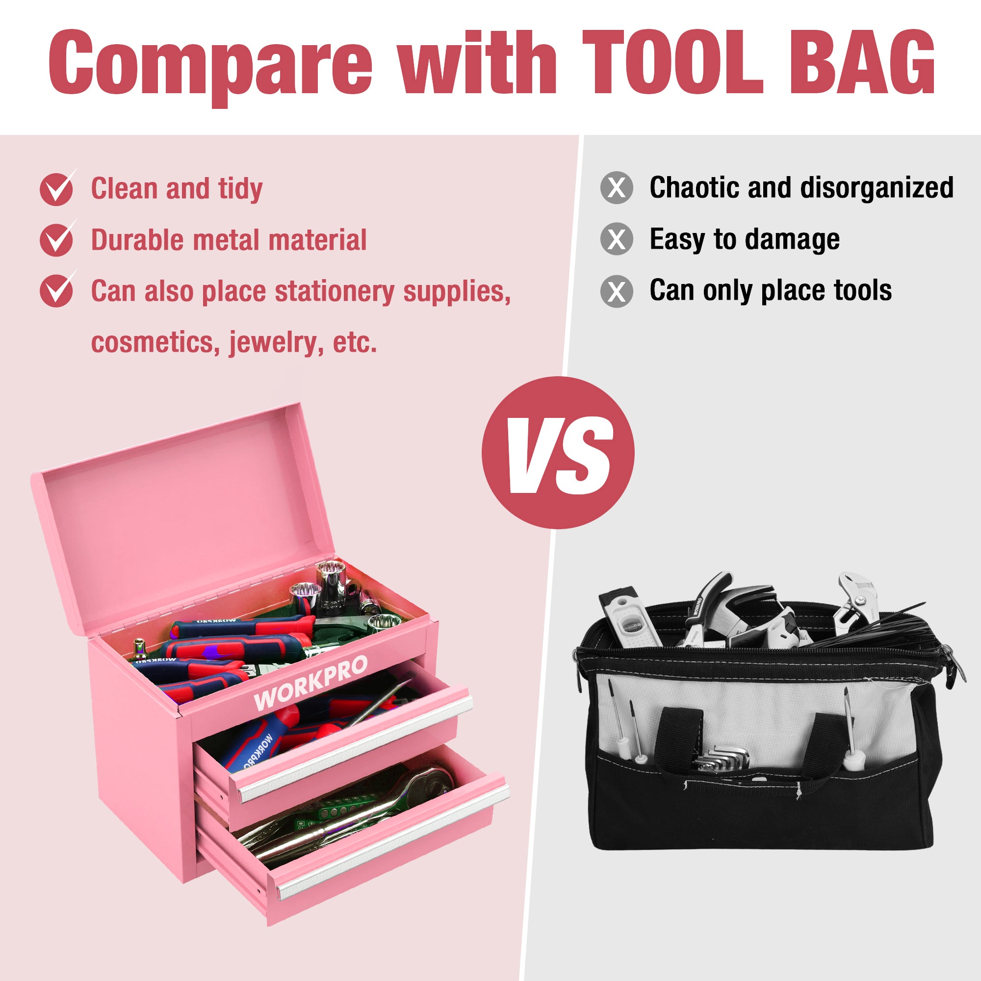 Open pink mini toolbox with two drawers showing top storage tray