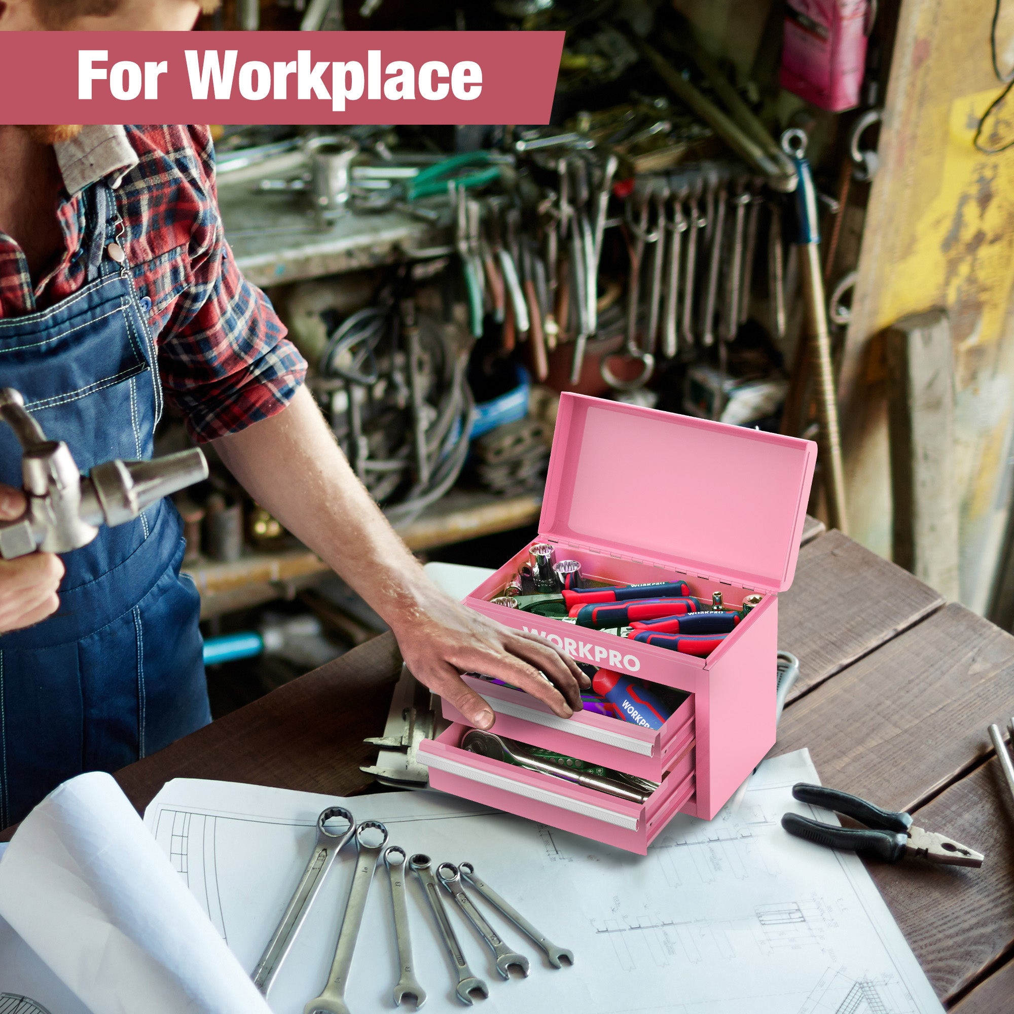 WORKPRO Mini Metal Tool Box with 2 Drawers and Top Storage - Pink Ribbon