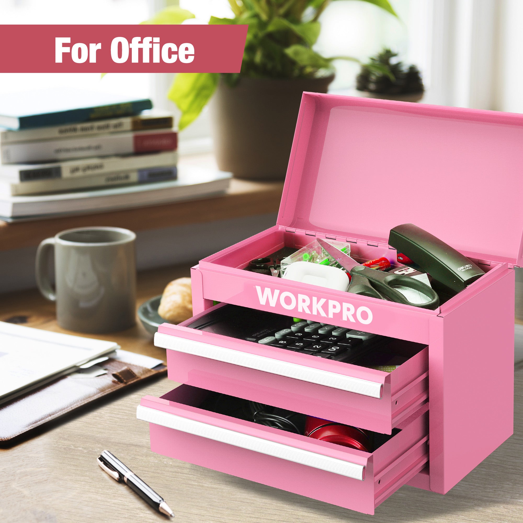 WORKPRO Mini Metal Tool Box with 2 Drawers and Top Storage - Pink Ribbon