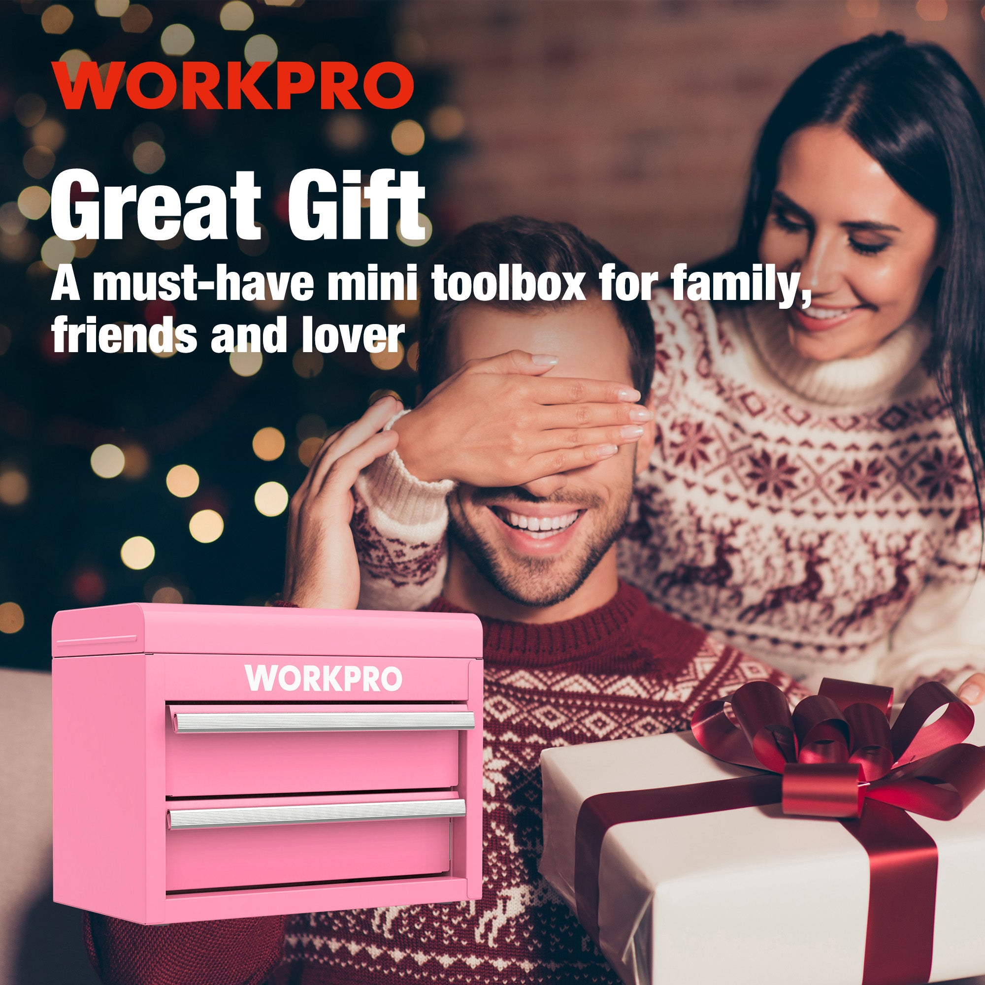 WORKPRO Mini Metal Tool Box with 2 Drawers and Top Storage - Pink Ribbon