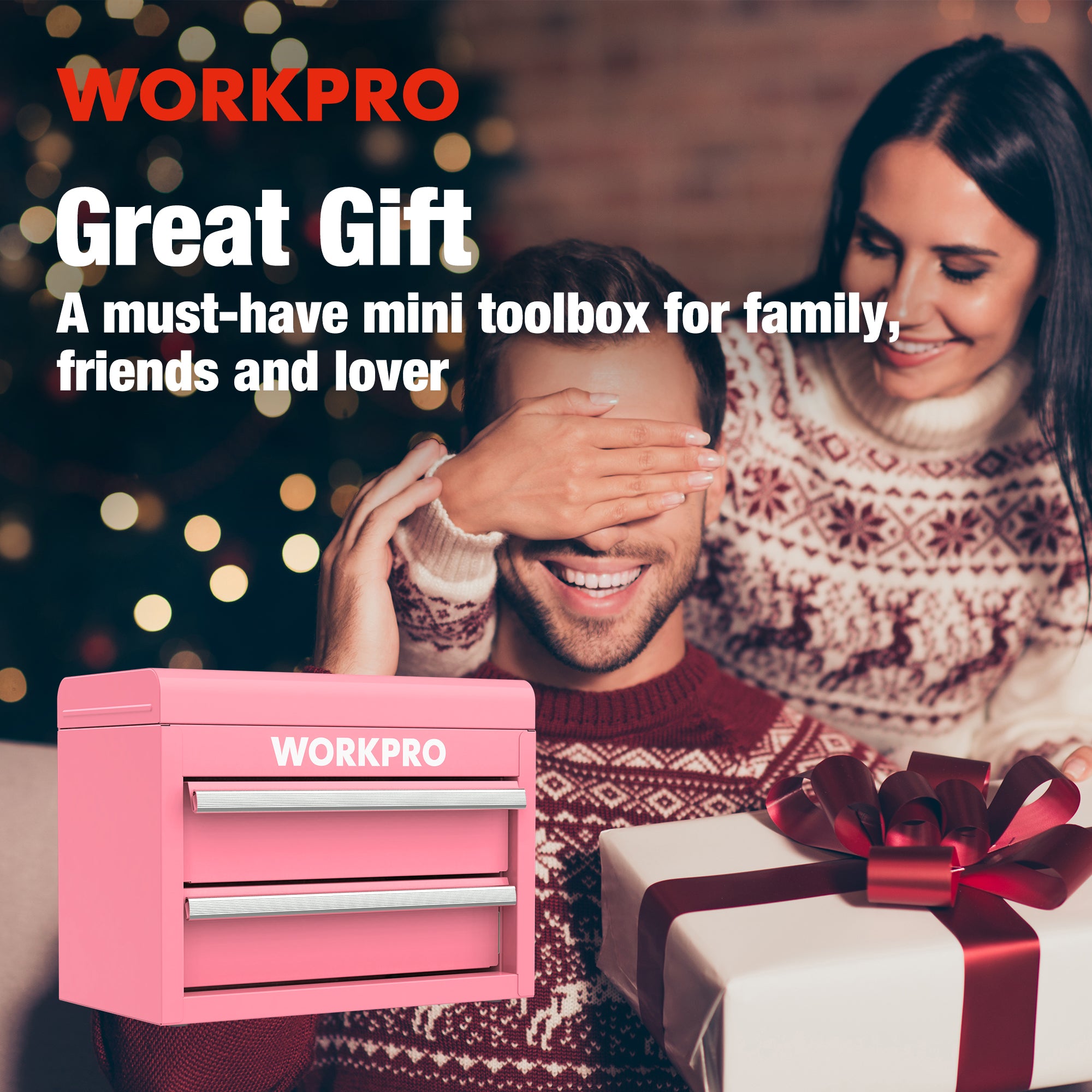 Pink mini toolbox with two drawers and top storage, shown beside a gift box
