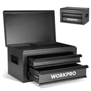 WORKPRO heavy-duty metal tool box with two open drawers and open top lid, dark gray