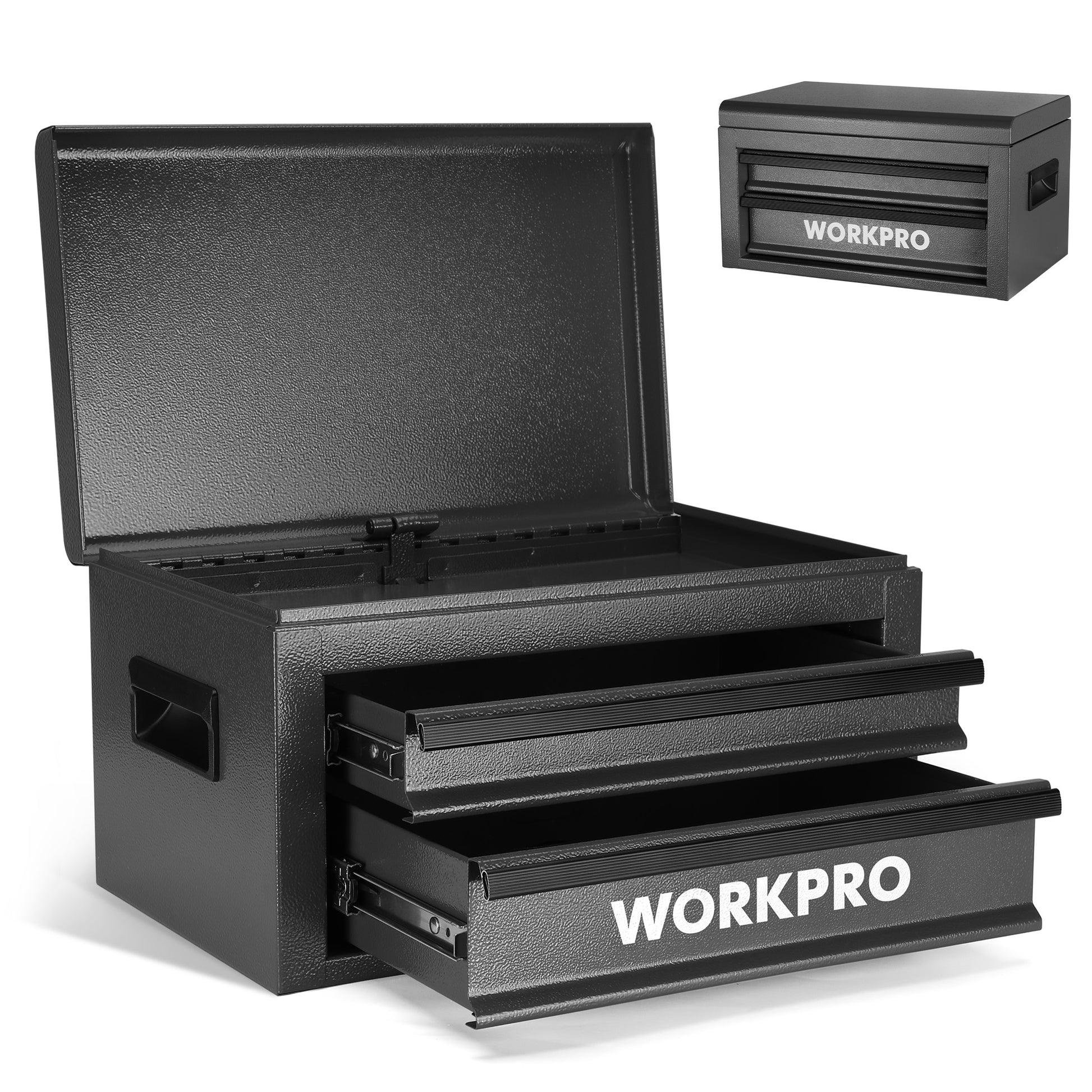 WORKPRO heavy-duty metal tool box with two open drawers and open top lid, dark gray