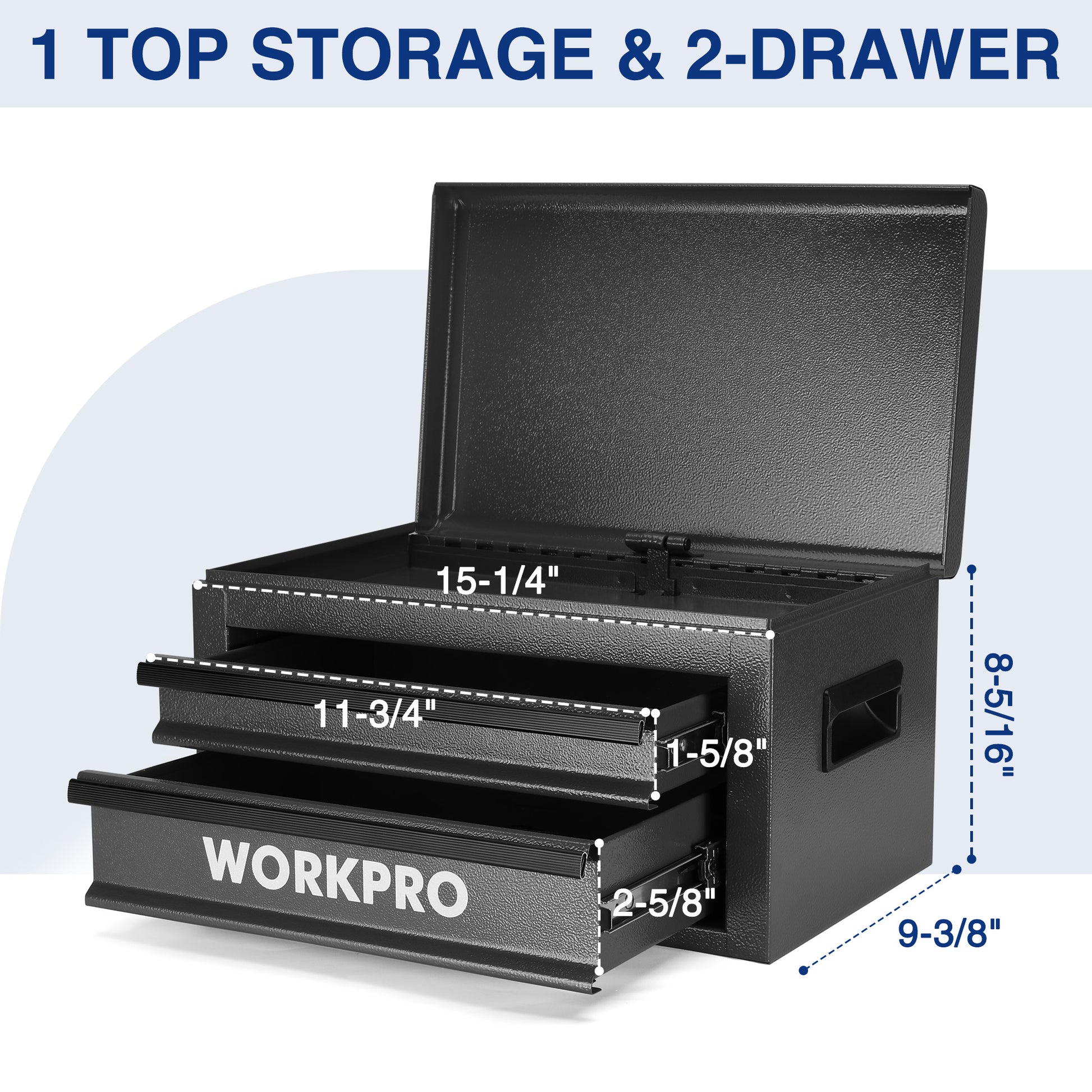 WORKPRO metal tool box with open top lid, two drawers, and front storage panel, dark gray