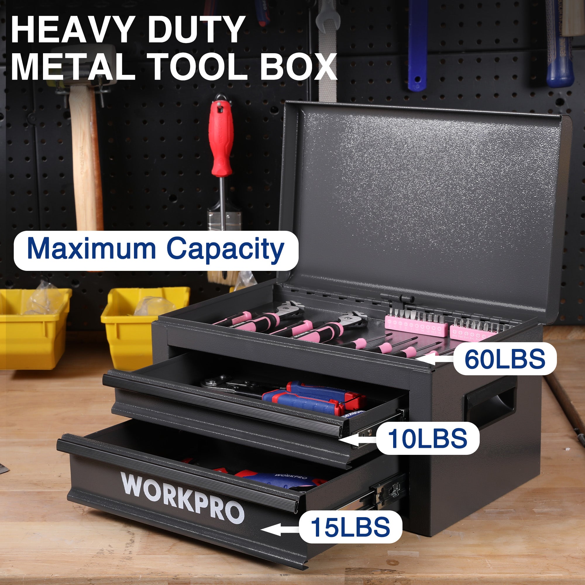 WORKPRO heavy-duty metal tool box with two drawers open and top lid raised, dark gray